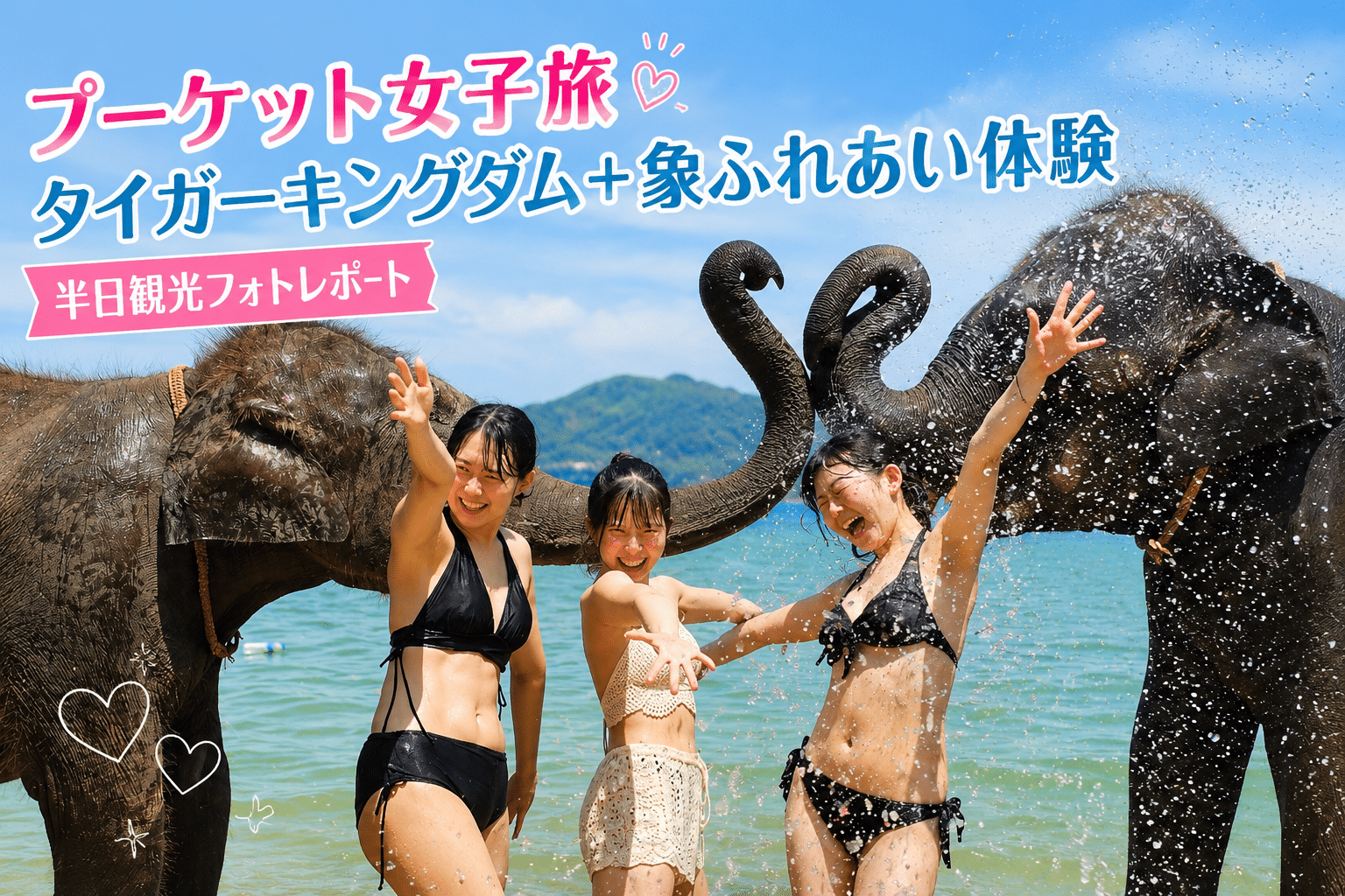 プーケットの海で象と一緒に水しぶきを浴びながら楽しむ女子旅のお客様