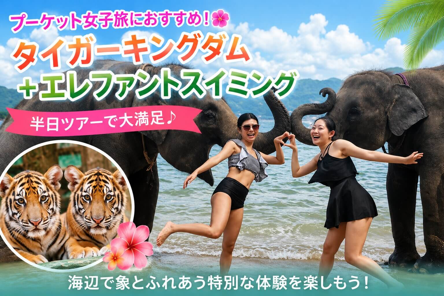 プーケットでタイガーキングダムとエレファントスイミングを楽しむ女子旅半日ツアー