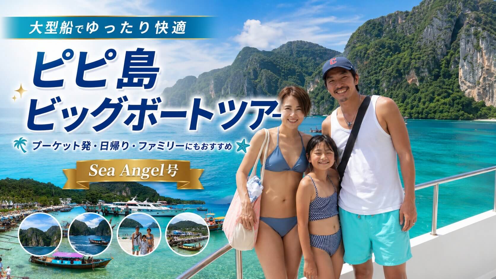 Sea Angel号のピピ島大型船ツアーに参加するご家族